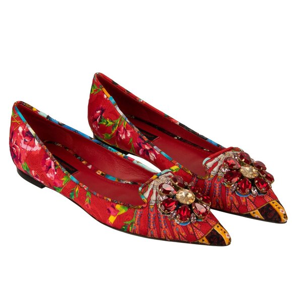 Dolce & Gabbana - Carretto Crystal Brooch Ballet Flats Shoes BELLUCCI Red 36.5 6 - Picture 1 of 5